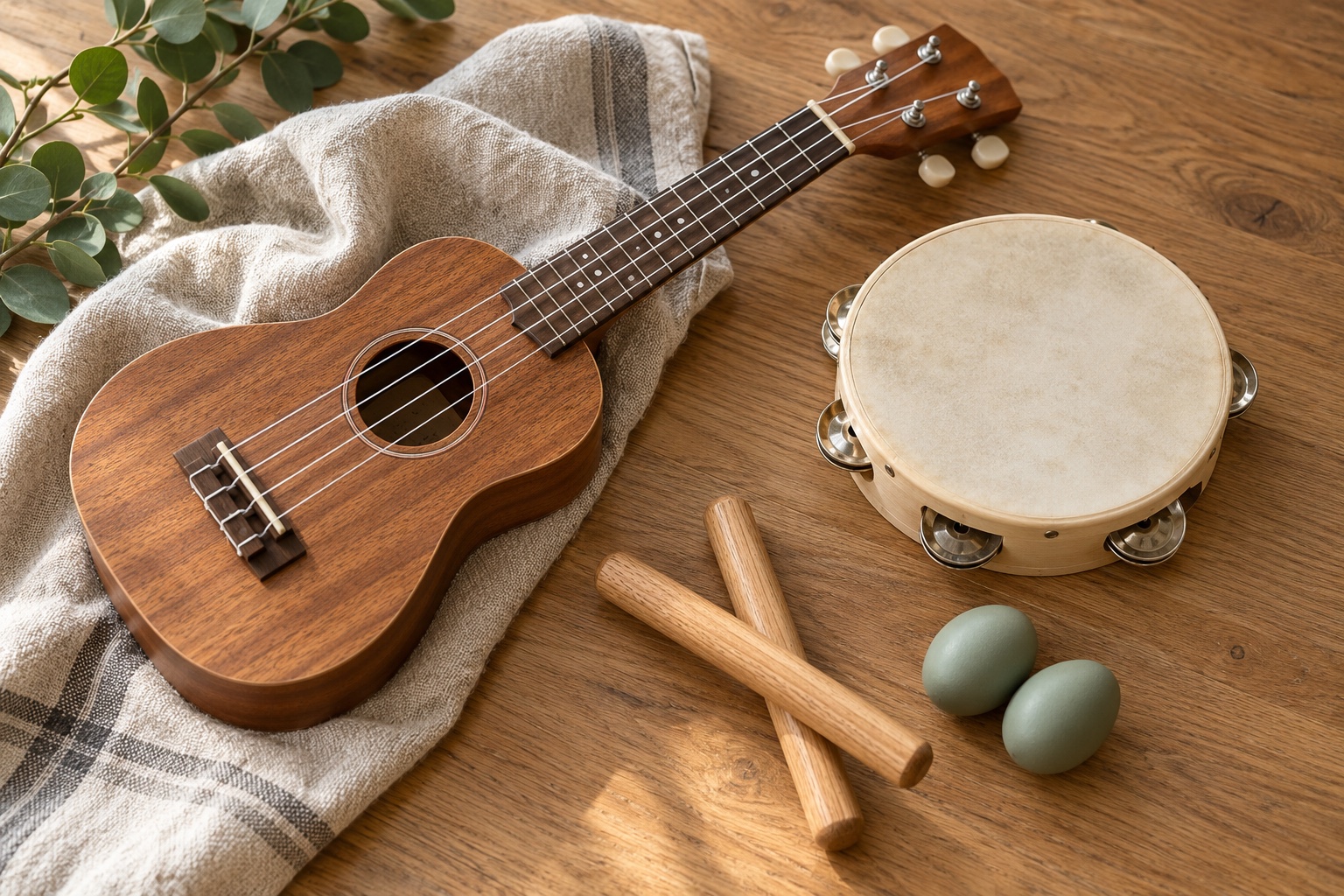 Ukulele, tambourine, rhythm sticks, and sage-colored shakers arranged on a wooden table