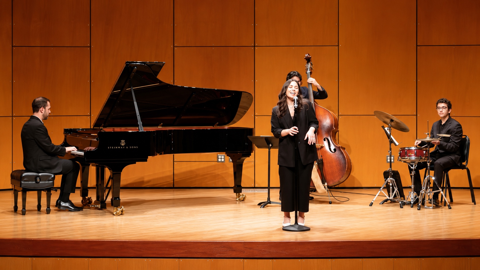 Annabelle singing on stage with a jazz trio of piano, double bass, and drums