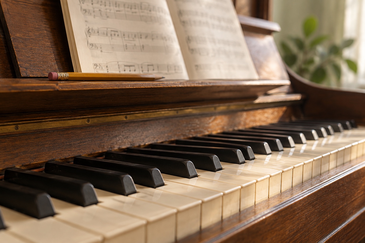 Piano keys with sheet music and a pencil in warm natural light