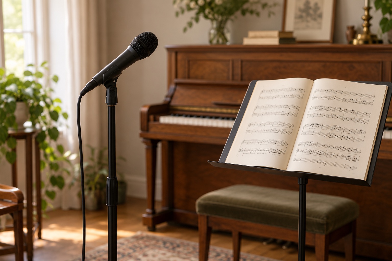 Microphone and open sheet music beside a piano in warm natural light